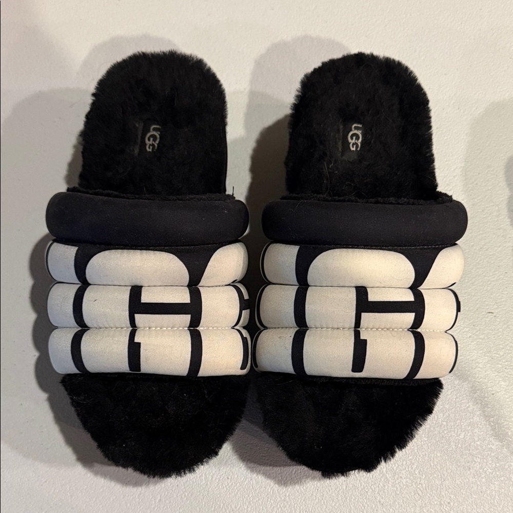 UGG Black and White Fuzzy Slippers